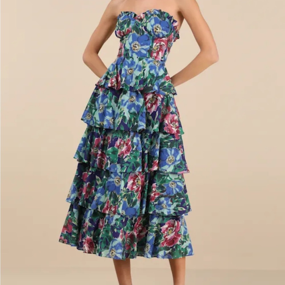 Lulu’s Nayha Blue Multi Floral Strapless Tiered Midi Dress